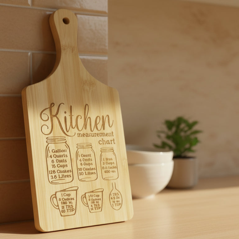 Wooden cutting board with kitchen measurement chart engraving on a dark background
